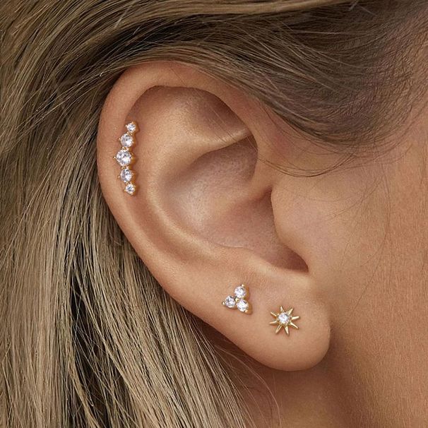Hot Sales Real Gold Brass Electroplating Simple And Exquisite Small Eight Pointed Star Three Petal Leaf Earrings Three Piece Set_ipsvogv.com