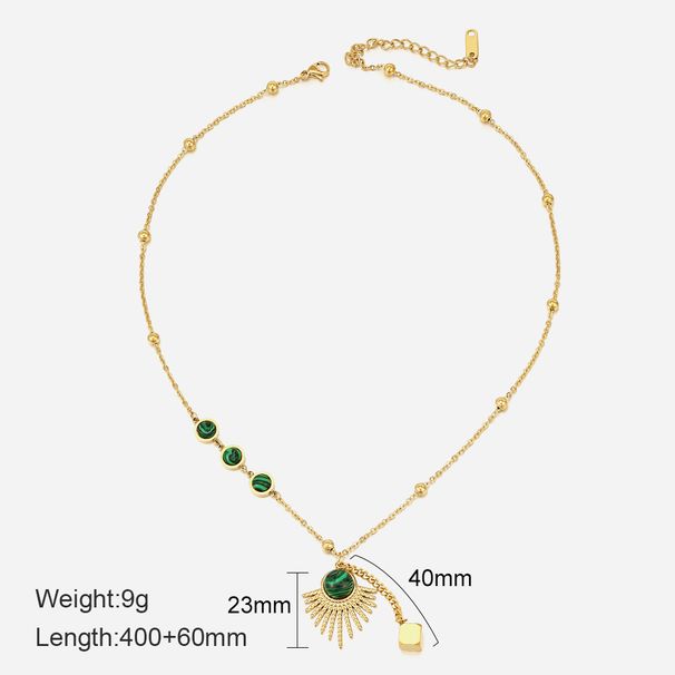 Malachite Inlaid Fan Necklace - High-End Stainless Steel Cube Pendant Jewelry For Women_ipsvogv.com