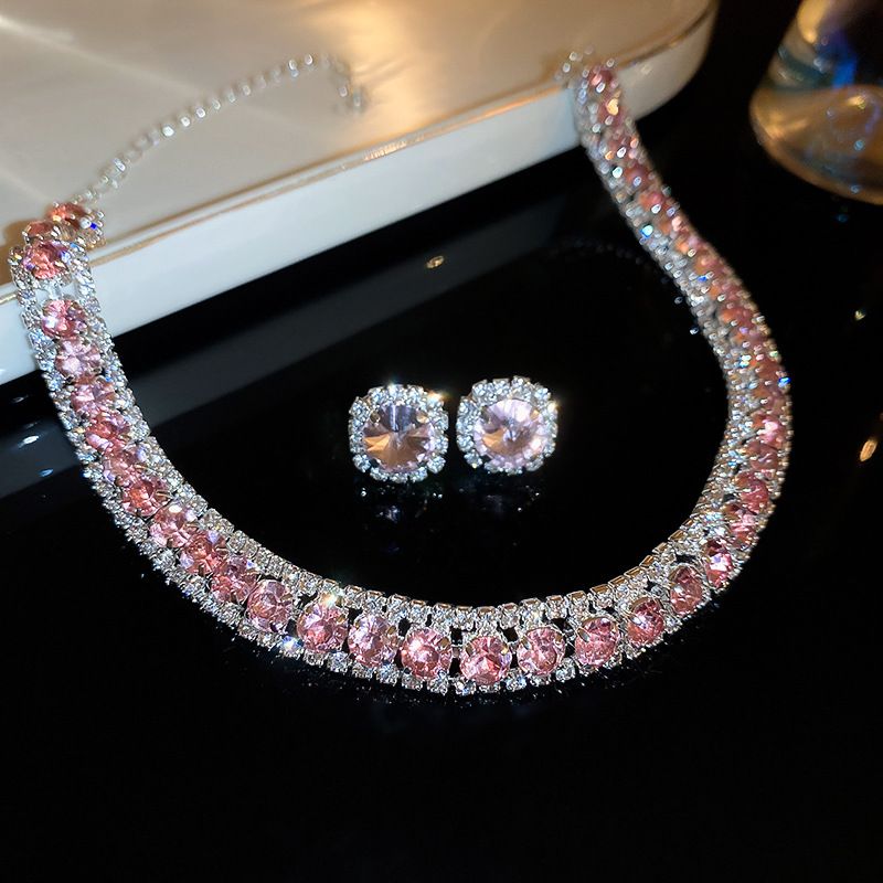 Diamond Square Earrings Necklace Set Fashion Light Luxury Clavicle Chain Personality High end New Jewelry_ipsvogv.com