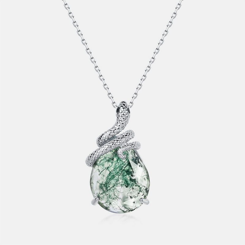 Snake coiled natural green moss stone pendant female S925 silver inlaid water grass agate pendant_ipsvogv.com
