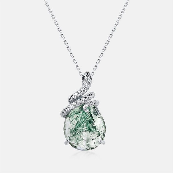 Snake coiled natural green moss stone pendant female S925 silver inlaid water grass agate pendant_ipsvogv.com