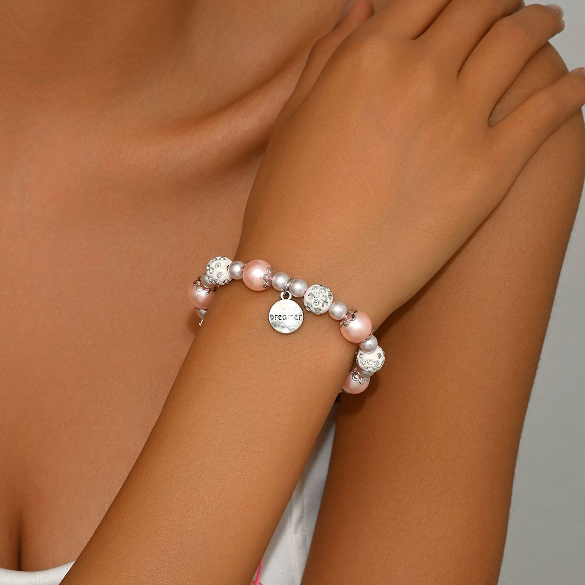 Ins Japanese and Korean small fragrance pink pearl English letters, niche design, set with diamonds, versatile bracelet_ipsvogv.com