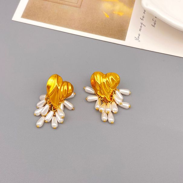 French Baroque Gold Peach Heart Multi layer Pearl tassel Earrings, Light Luxury, Small niche Silver Needle INS Earrings_ipsvogv.com
