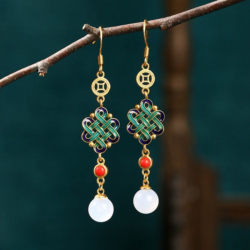 Eryuan S Silver Needle Inlaid With Natural Chalcedony Lucky Knot Design Earrings, Live Broadcast Earrings_ipsvogv.com