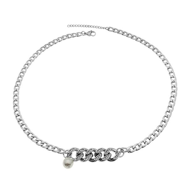 Hip Hop Simple Couple Retro Bracelet Design High Street Men And Women Cuban Diamond Pearl Stitching Necklace_ipsvogv.com