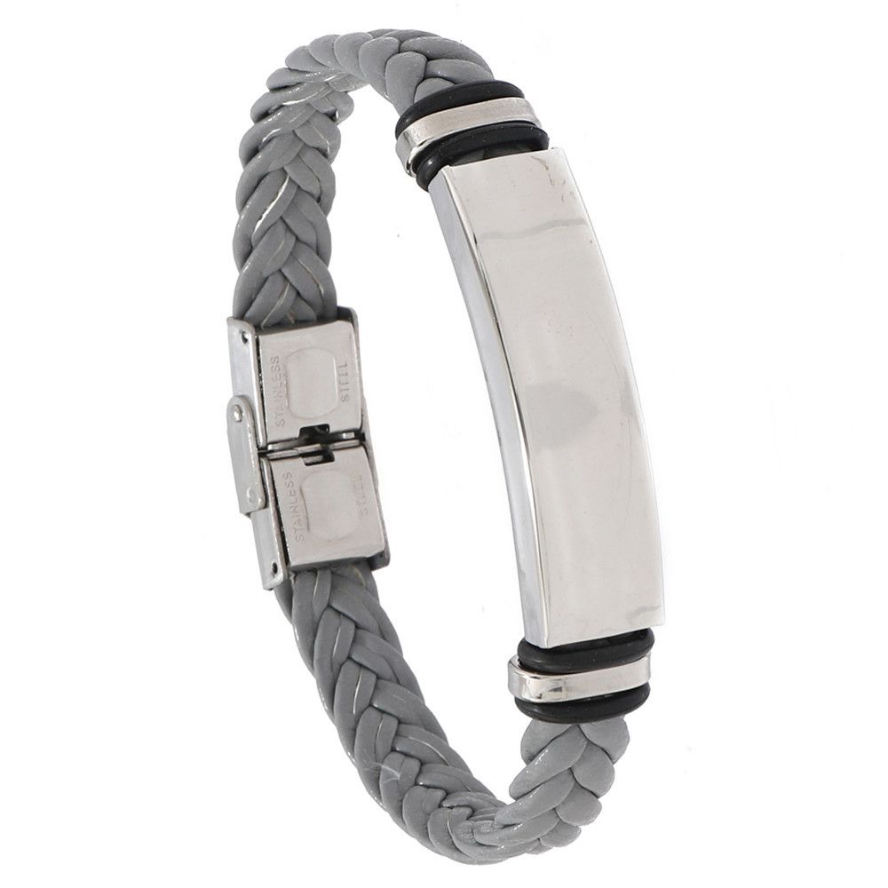 Stainless Steel Simple Plain Engraved Leather Woven Men's Bracelet_ipsvogv.com