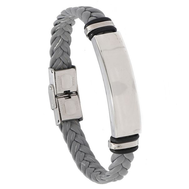 Stainless Steel Simple Plain Engraved Leather Woven Men's Bracelet_ipsvogv.com