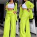 Women's Clothing Elegant Solid Color Split Sleeve Lapel Suit Pocket Straight Pants Suit_ipsvogv.com