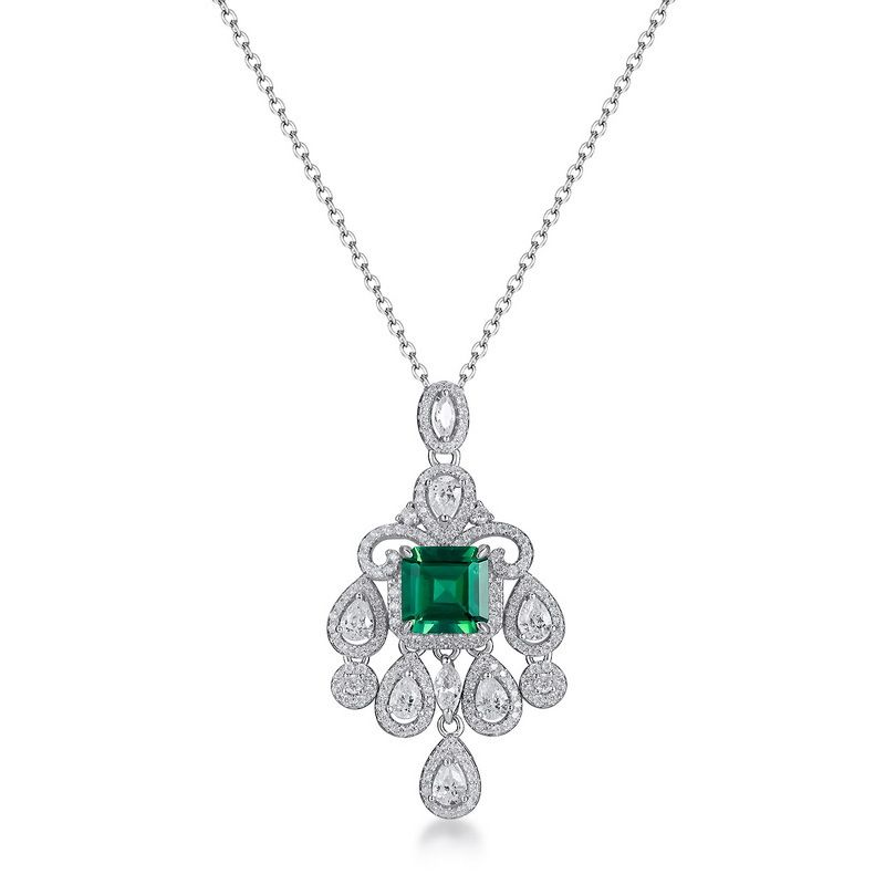 S925 Silver Cultured Emerald Pendant Female Retro Light Luxury Pendant Necklace_ipsvogv.com