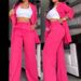 Women's Clothing Elegant Solid Color Split Sleeve Lapel Suit Pocket Straight Pants Suit_ipsvogv.com