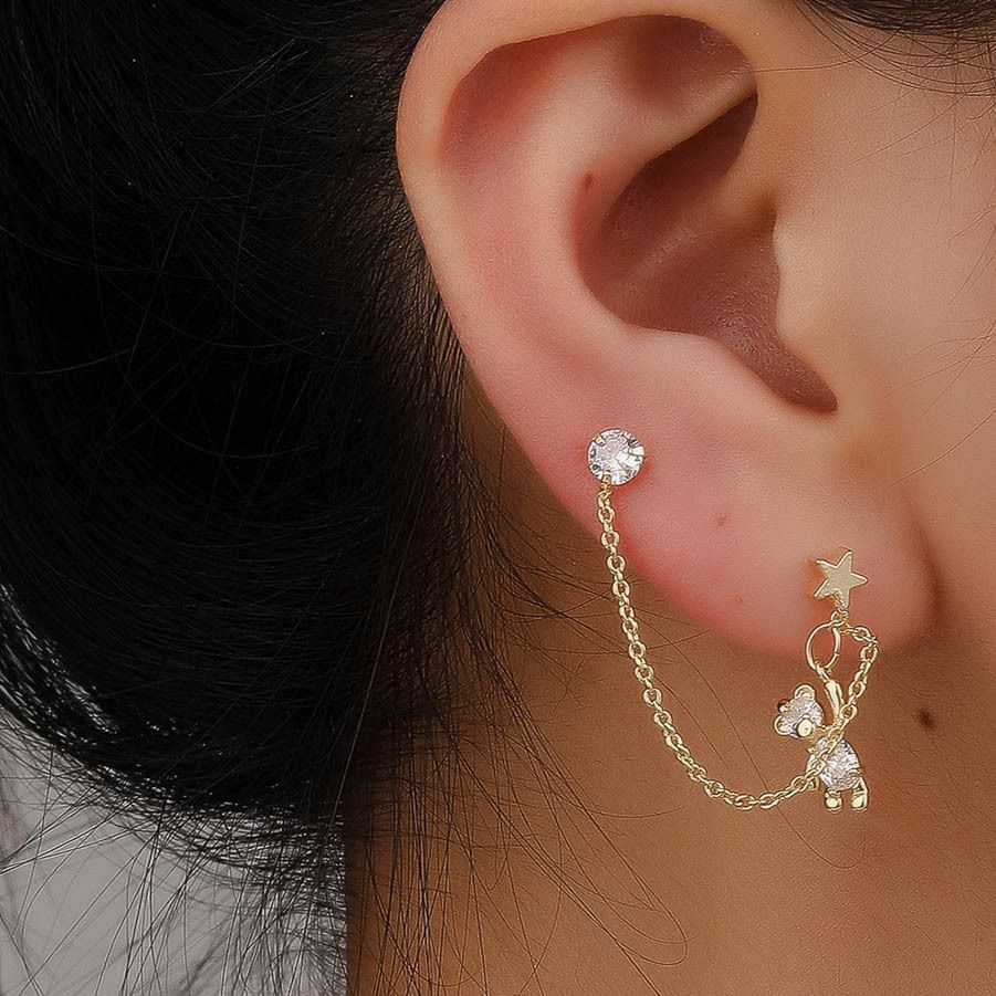 Double Ear Hole Little Bear Japanese Gold Earrings, Korean Cute Star Earbone Chain, Fixed Small Earlobe Earrings_ipsvogv.com