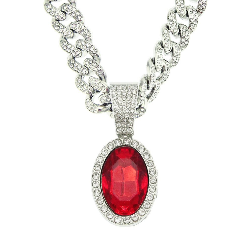 Hot selling red oval pendant with large buckle Cuban chain necklace for men's hip-hop and street dance accessories_ipsvogv.com