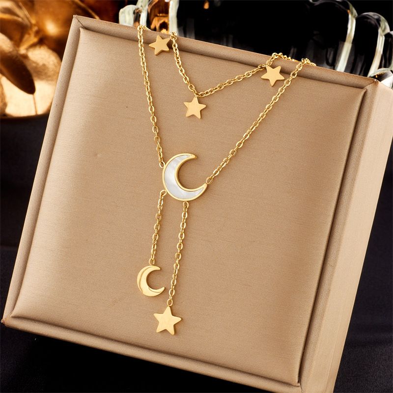 Korean double-layer stacked white shell star moon titanium steel versatile tassel clavicle chain jewelry necklace_ipsvogv.com