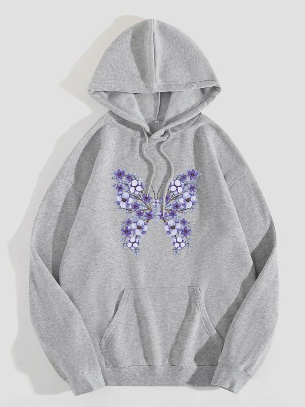 Women's Hoodie Long Sleeve Hoodies & Sweatshirts Printing Pocket Casual Flower Butterfly_ipsvogv.com