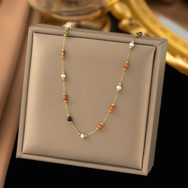 Titanium Steel, Gold, Colored Beaded, Niche Design Necklace For Women's Vacation, Natural Stone Lock Bone Chain_ipsvogv.com