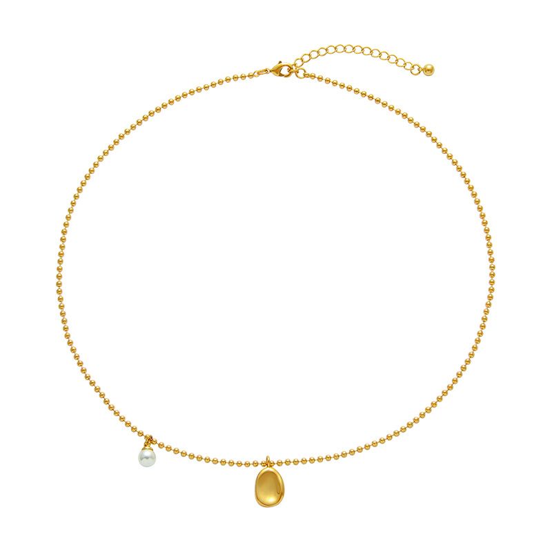 French Minimalist Small Gold Bean Pearl Necklace Label Pendant Collarbone Versatile Temperament Short Round Bead Sweater_ipsvogv.com