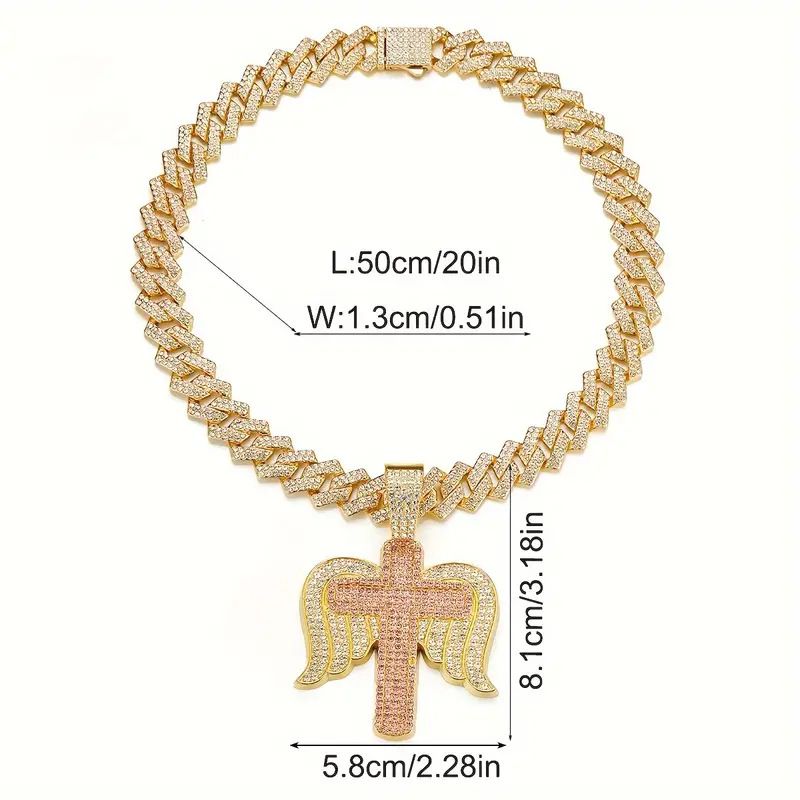 New Style Rhinestone Personality Full Diamond Angel Wings Cross Pendant Hip-Hop Creative Necklace_ipsvogv.com