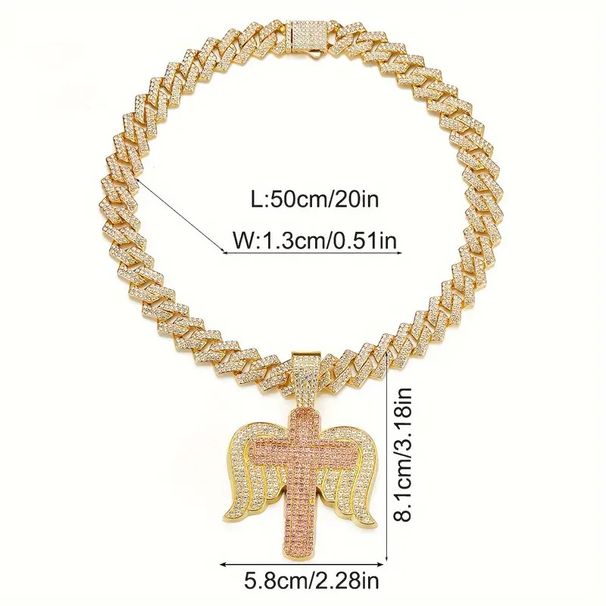 New Style Rhinestone Personality Full Diamond Angel Wings Cross Pendant Hip-Hop Creative Necklace_ipsvogv.com