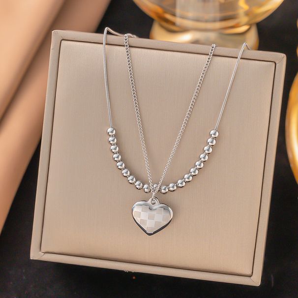 Personalized Jewelry Checkerboard Texture Heart Pendant Curved Smile Double-layer Layered Wind Titanium Steel Necklace_ipsvogv.com