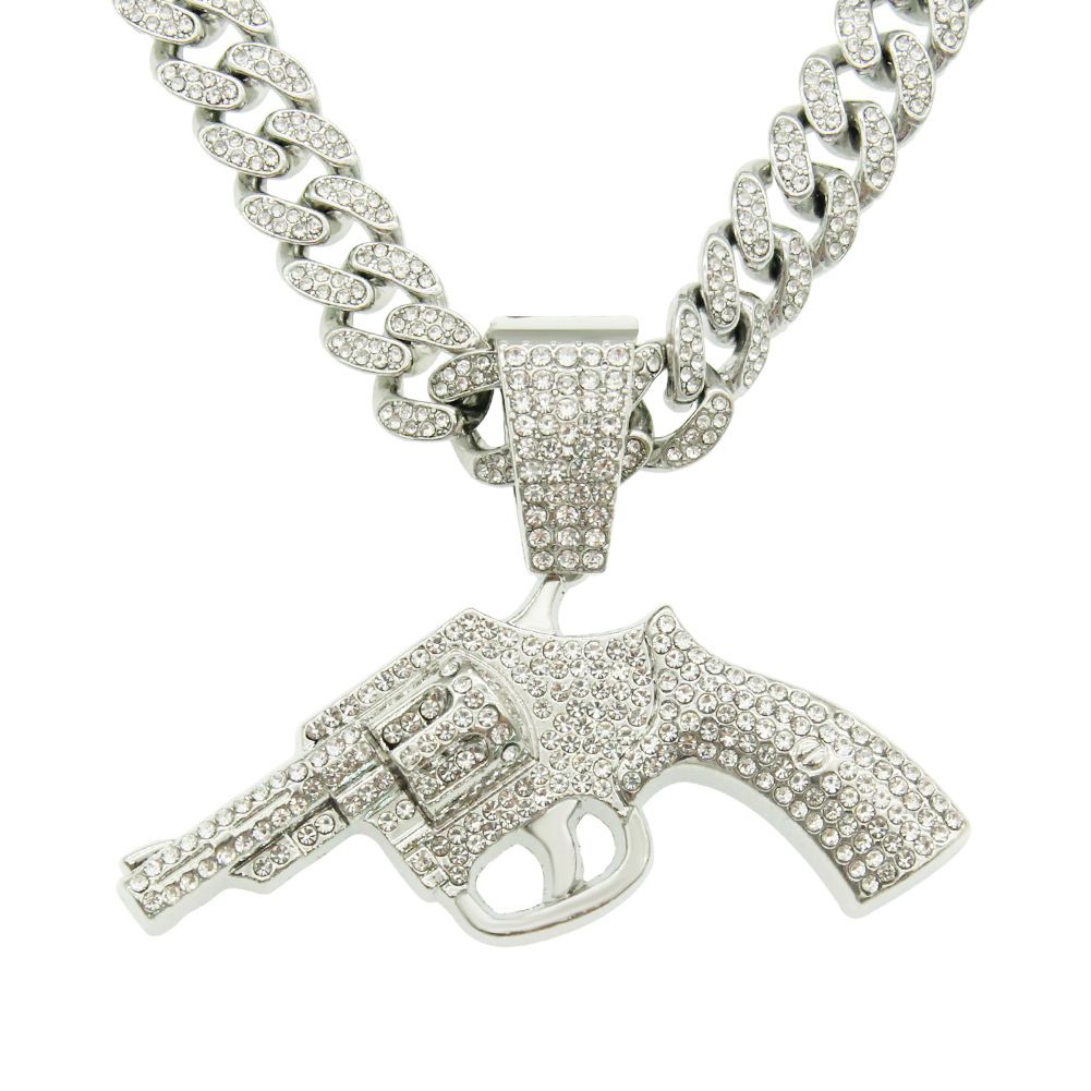 Personalized Cool Hip Hop Full Diamond Gun Pendant Cuban Chain Necklace Trendy Night Club Street Dance Motorcycle_ipsvogv.com