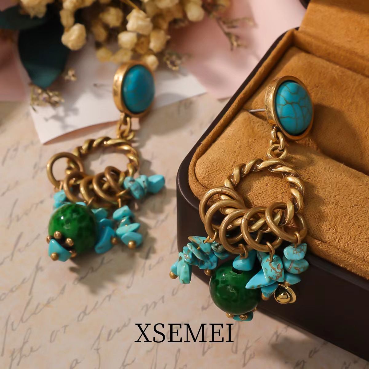 Natural Stone Blue Pine Multi-layer Necklace Earring Set_ipsvogv.com