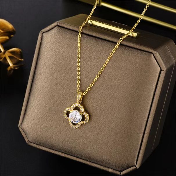 2023 New Temperament Four Leaf Flower Diamond Necklace Women's Titanium Steel Lip Chain Cute Independent Packaging_ipsvogv.com
