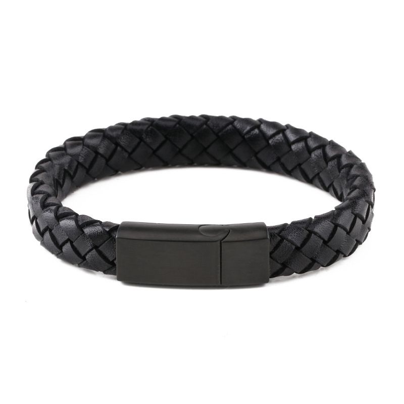 Genuine For Men, Cowhide Woven Cord, Stainless Steel Black Engraved Leather Bracelet With Magnetic Clasp, Trendy_ipsvogv.com