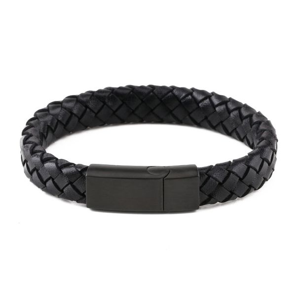 Genuine For Men, Cowhide Woven Cord, Stainless Steel Black Engraved Leather Bracelet With Magnetic Clasp, Trendy_ipsvogv.com