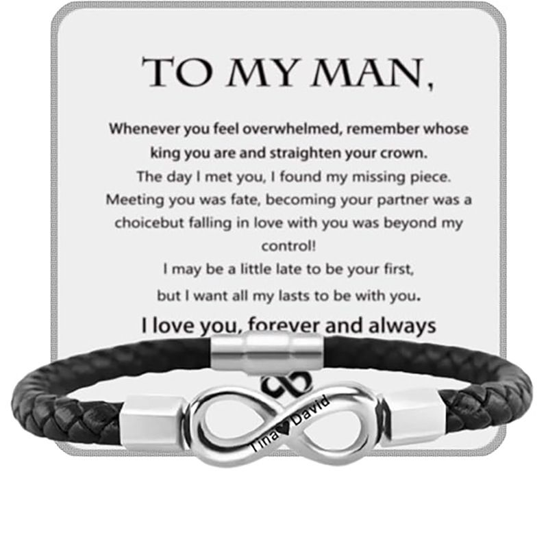 8-Character Leather Cord Stainless Steel Personalized Engraving DIY Woven Men's Infinite Bracelet_ipsvogv.com