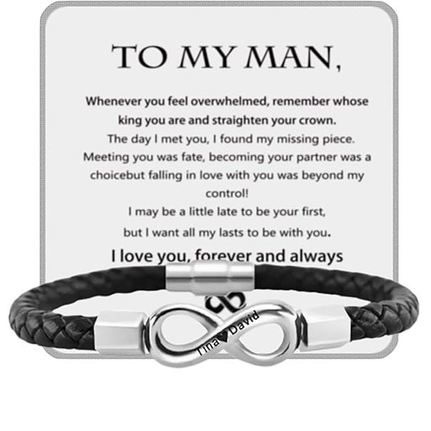 8-Character Leather Cord Stainless Steel Personalized Engraving DIY Woven Men's Infinite Bracelet_ipsvogv.com