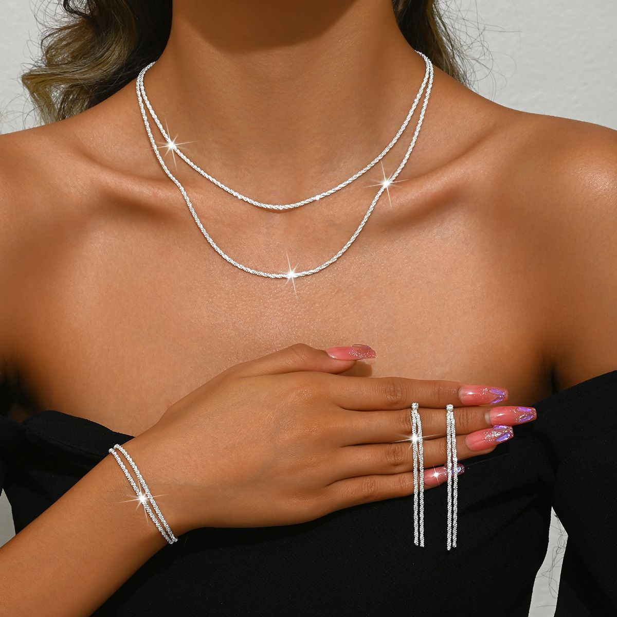 Women’s Jewelry Set Fashion Sparkling Necklace Female Light Luxury Niche Design Starry Sky Clavicle Chain Plain Chain Silver Nude Chain Necklace_ipsvogv.com