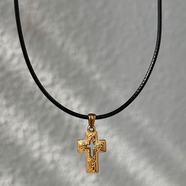 Spot INS Gold Plated Titanium Steel Retro Black Leather Rope Cross Necklace_ipsvogv.com