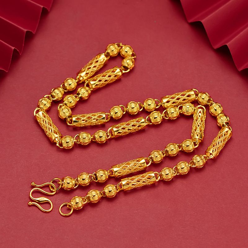 Men's Sand Gold Men's Hollowed Out Carved Grid Cylinder With Frosted Round Bead Necklace Is Fashionable_ipsvogv.com