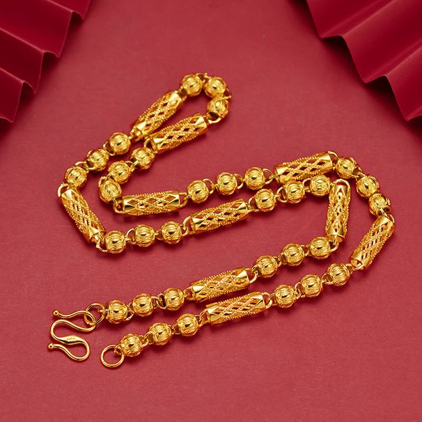 Men's Sand Gold Men's Hollowed Out Carved Grid Cylinder With Frosted Round Bead Necklace Is Fashionable_ipsvogv.com