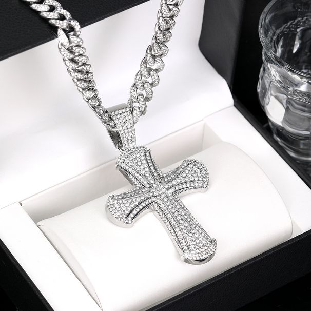 Hip Hop Cross New Creative Versatile Alloy Full Diamond Unisex Cuban Chain Necklace_ipsvogv.com