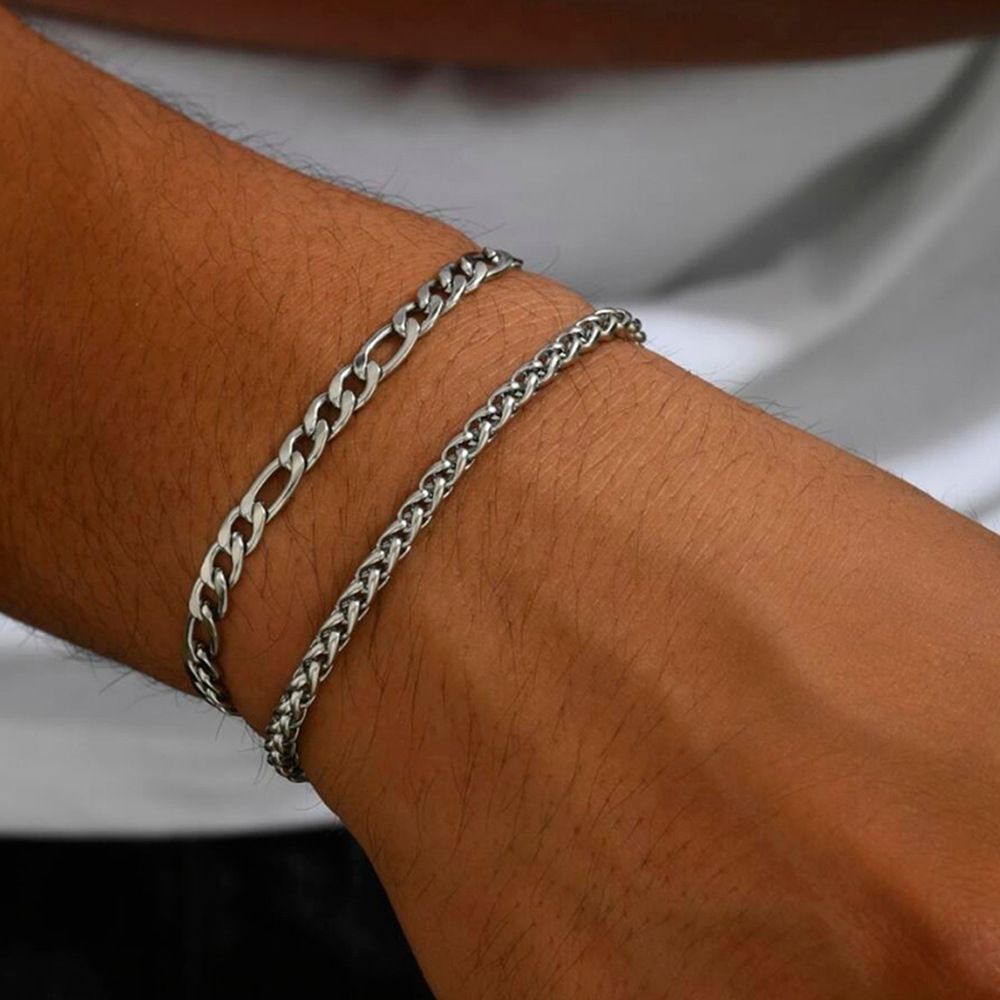 Stainless Steel Twist Chain Two-Piece Set Bracelet Hip-Hop Trendy Men's Accessories_ipsvogv.com