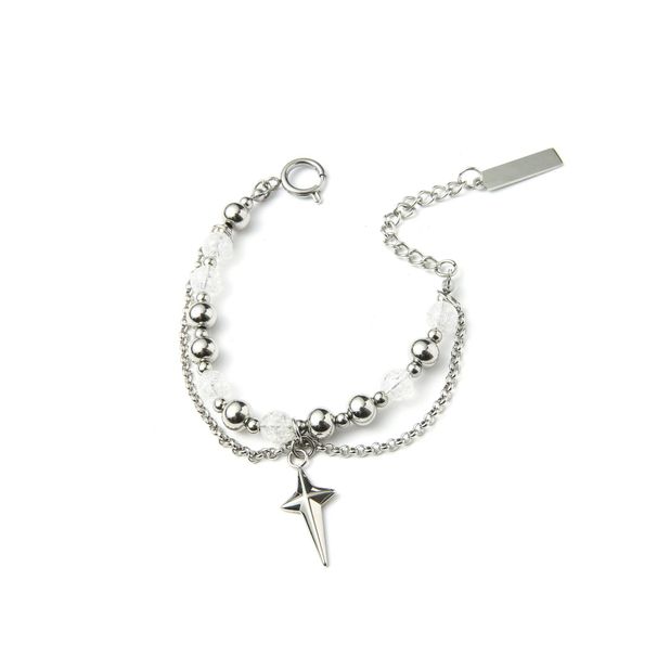 Ice Crack Beads Four Pointed Star Double Layered Bracelet Cold Style Personality Accessories Trendy Hip Hop Titanium Steel Hand Jewelry_ipsvogv.com