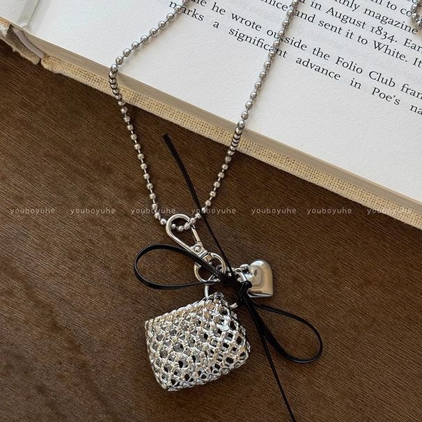Silver Braided Heart Ribbon Bag Necklace For Women Korean Long Style Unique Niche Crossbody Sweatshirt Sweater Chain_ipsvogv.com