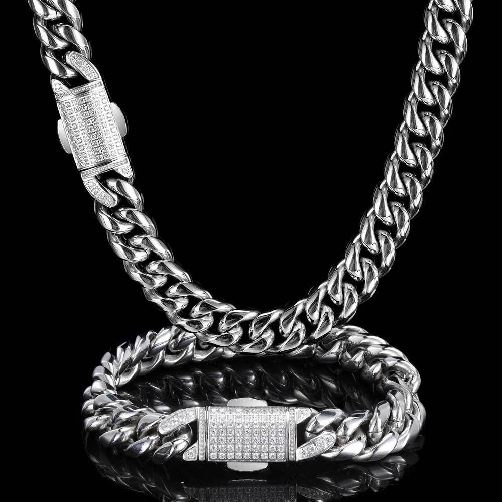 Men's Jewelry Set Hip Hop 12mm Micro Inlaid Zircon Spring Snap Stainless Steel Cuban Chain Trendy Titanium Steel Round Grinding Bracelet Necklace_ipsvogv.com