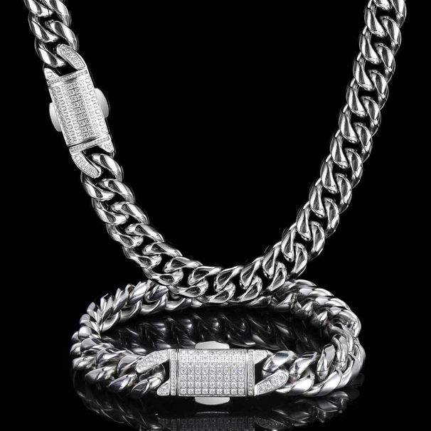 Men's Jewelry Set Hip Hop 12mm Micro Inlaid Zircon Spring Snap Stainless Steel Cuban Chain Trendy Titanium Steel Round Grinding Bracelet Necklace_ipsvogv.com