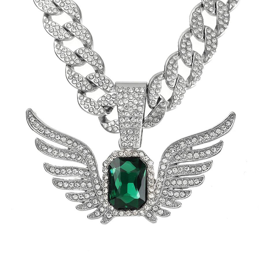 Men’s Jewelry Set Fashion Light Luxury Niche Men And Women Fashion Angel Wing Pendant Ins Wings Pendant Emerald Hip Hop Rock Candy Cuban Chain_ipsvogv.com