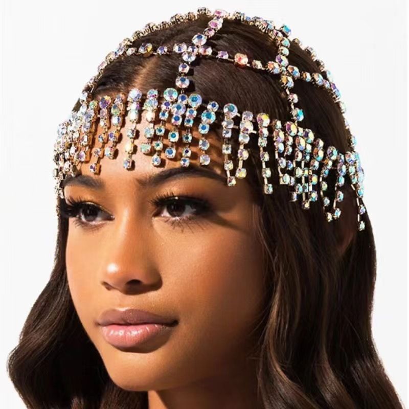 Fashion hair accessories full of diamonds personality tassel rhinestone mesh headdress female model all match trend_ipsvogv.com