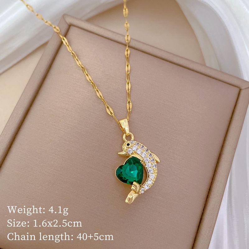 】 Green 【 Love Dolphin Light Luxury Charm Gorgeous Full Diamond Necklace Women's Versatile Clavicle Titanium Steel Chain 【 】_ipsvogv.com