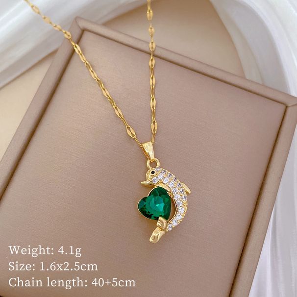 】 Green 【 Love Dolphin Light Luxury Charm Gorgeous Full Diamond Necklace Women's Versatile Clavicle Titanium Steel Chain 【 】_ipsvogv.com