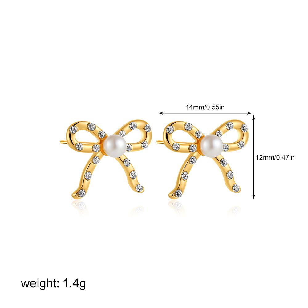 Unisex Pearl Diamond Earrings Mini Bow Light Luxury High End Full Diamond Zircon Earrings_ipsvogv.com