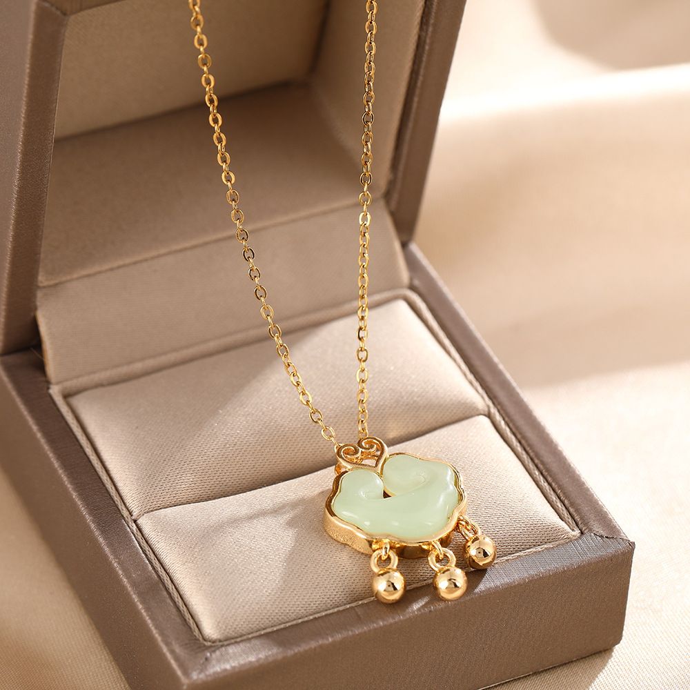 Warm Like Safety Lock Titanium Steel Necklace, Auspicious Cloud Gold Inlaid Jade Pendant, Exquisite And Versatile_ipsvogv.com