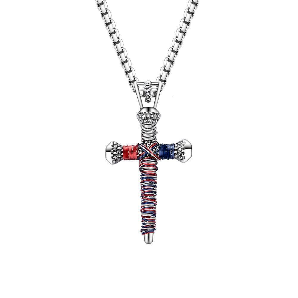 Men's Punk Style Cross Pendant Necklace - Red & Blue Braided Cord With Nail Design (Gothic Jewelry Edgy Layered Chain)_ipsvogv.com