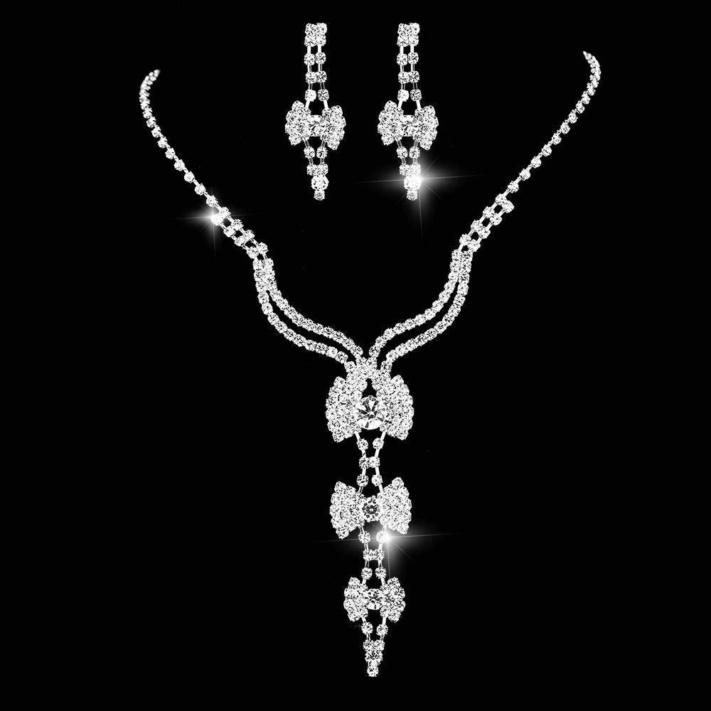 Bow Design Necklace & Earrings Set - Elegant Women's Wedding & Evening Jewelry (2-Piece)_ipsvogv.com