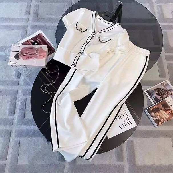 Women's 2024 summer new salt series age-reducing cardigan short-sleeved wide-leg pants two-piece suit_ipsvogv.com