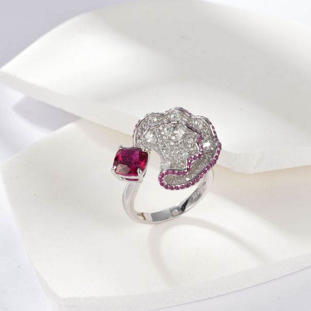 Light luxury fan shaped inlaid cultivated emerald ring S925 silver inlaid cultivated colored gemstone open ring exaggerated_ipsvogv.com